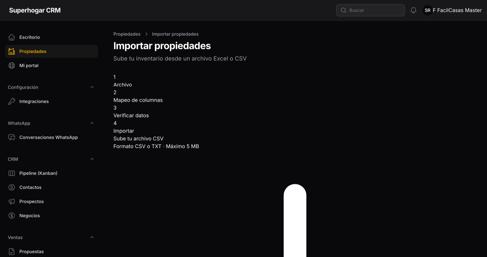 Pantalla del importador de CSV de Internobis mostrando propiedades siendo cargadas